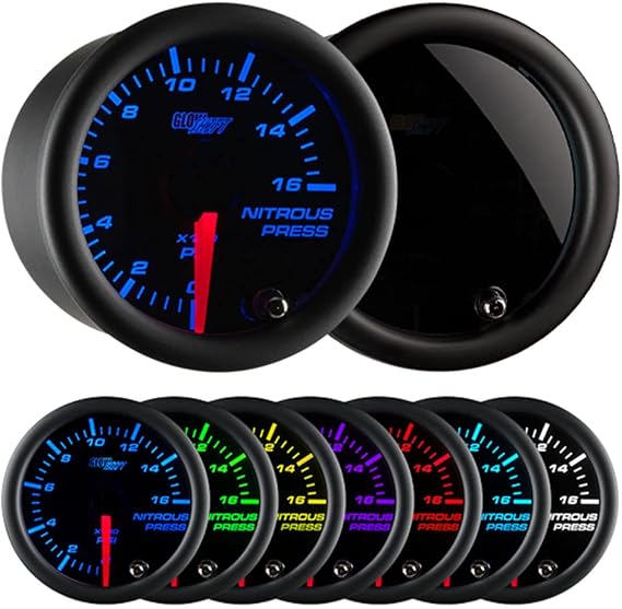 GlowShift Tinted 7 Color 1,600 PSI Nitrous Pressure Gauge Kit, 2-1/16" 52mm | Includes 1/8-27 NPT Electronic Sensor & Wiring, Multi-Color Analog Display, Black Dial, Smoked Lens, For NOS Bottles