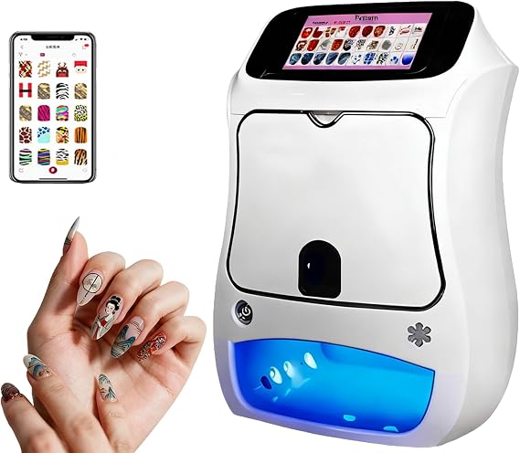 Mini Nail Art Printer, 5'' Touchscreen 3D Nail Painting Machine, Automatically Recognize Nail Shape, Fast Drawing in 10s, 2000+ Designs, Mobile APP Contro, for Home Use and Nail Studios White