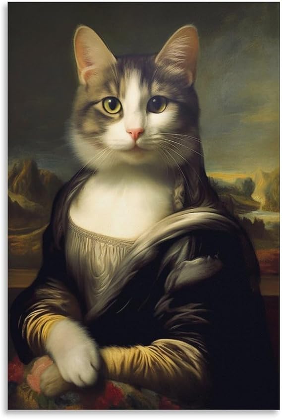 Vendhui Famous Canvas Print Funny Mona Lisa Cat Lover Painting Girl with A Pearl Earring Wall Art Starry Night Artwork Picture for Bedroom Decor (01-Mona Lisa cat,16x24inch-Unframe)