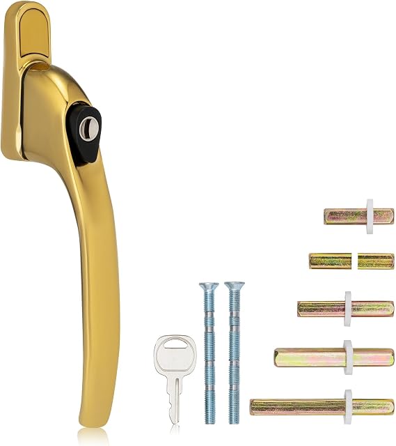 XFORT Key Locking Inline Window Handle Installation Kit in Polished Brass, UPVC Window Handle Replacement, Lockable Window Lever