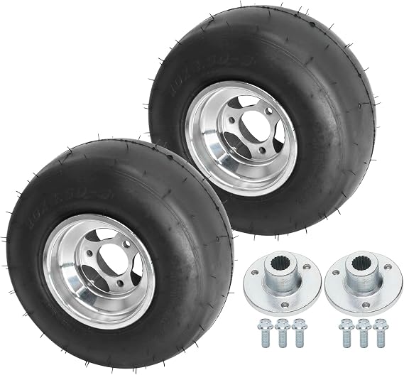 5'' Front Wheel Tires Go-Kart and Kart-Racer Slick Tire 10x4.50-5, 4-Ply, Smooth Tread, Tubeless, 3 Lugs Rims with 17T Wheel Axle Hub for ATV Go Kart Quad Drift Trike 4-Wheeler Kart Golf Cart