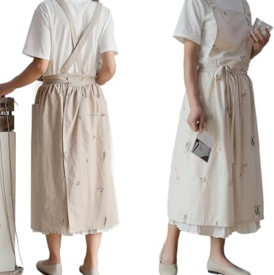 NEWGEM Cotton Japanese Cross Back Pinafore Apron Dress for Women Cute with Pockets Kitchen Cooking Painting Gardening Shop Beige Flower