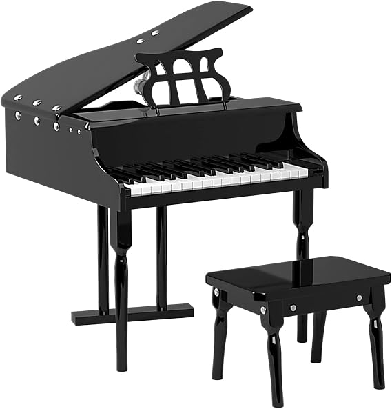 HONEY JOY Classical Kids Piano, 30-Key Mini Grand Piano with Music Stand and Bench, Wooden Musical Instrument Toy w/Lid & Music Rack, Gift for Boys Girls Ages 3+ (3 Straight Leg-Black)