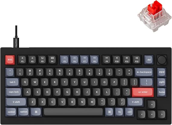 Keychron V1 75% Wired Mechanical Keyboard, QMK/VIA Programmable, Hot-swappable Red Switches, Compatible with Mac Windows Linux - Carbon Black