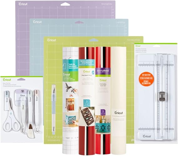 Cricut Essentials Bundle for Cricut Machine - Everyday Iron On Vinyl Sampler, Premium Removable Vinyl Sampler, Transfer Tape, True Control Knife, Cutting Mat (3), Basic Tool Set, Portable Trimmer