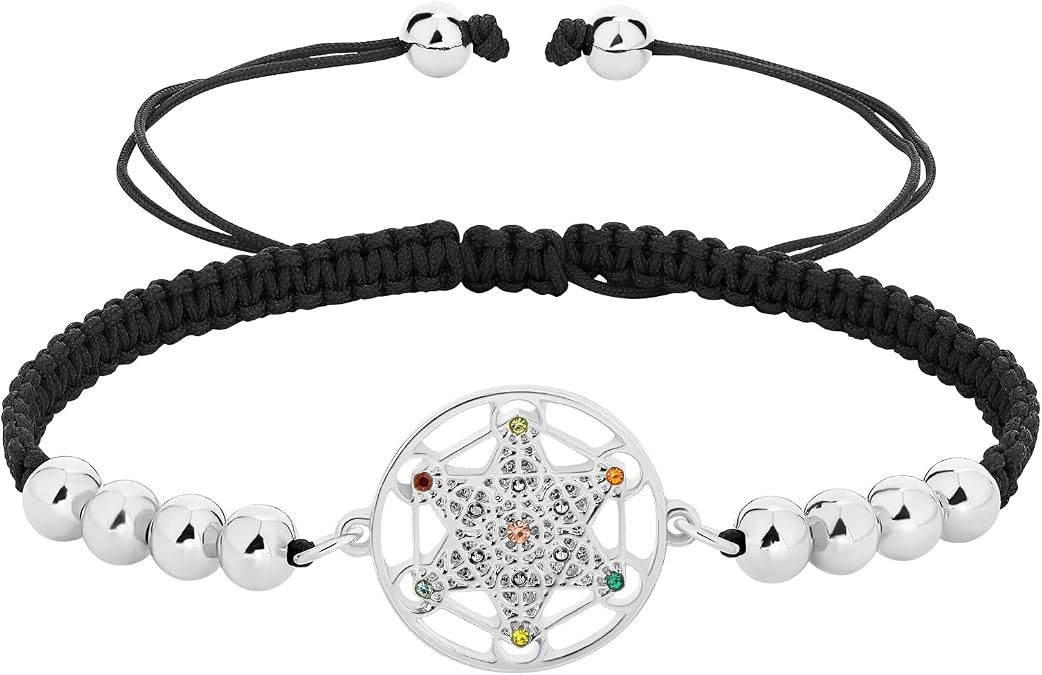 Metatron's Cube Bracelet for Women Men Sacred Geometry Seal of Archange Metatron Cube With 7 Chakra Gemstones Adjustable Beaded Braided String Bracelets Statement Jewelry Kabbalah Amulet Gift