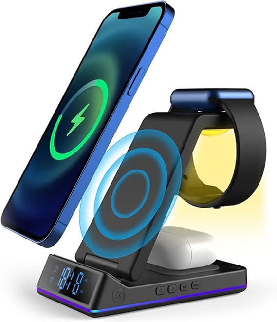STC 5-in-1 Wireless Charging Station with Digital Alarm Clock and Night Light, 15W Fast Charging Pad, Multi-Device Charging Stand with Apple Watch-Compatible Charger, Black