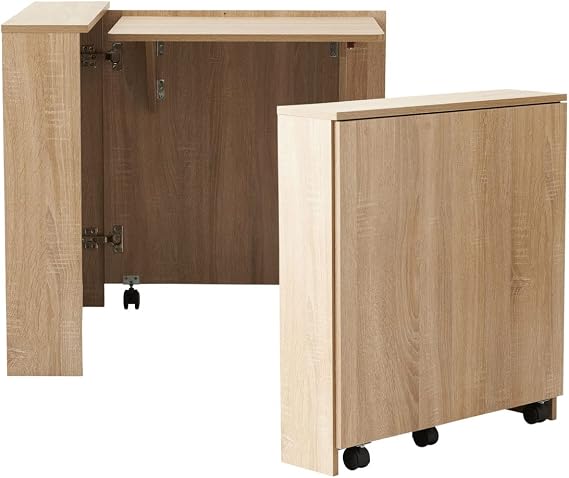 EMOOR Folding Desk (W25.2xD6.7xH27.6in) Oak, Reading Study Work Laptop Convertible Space-Saving Casters Compact Minimal Simple Small Shelf Magagine Rack