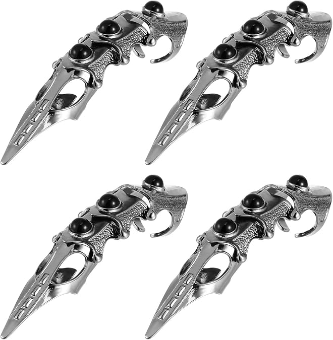 KALLORY 4pcs Full FInger Claw Rings Black Rock Hinged Adjustable Decoration Halloween Open Ring, Retro Claw Armor Cosplay Accessory Costume for Exaggerated Gothic Nail Ring