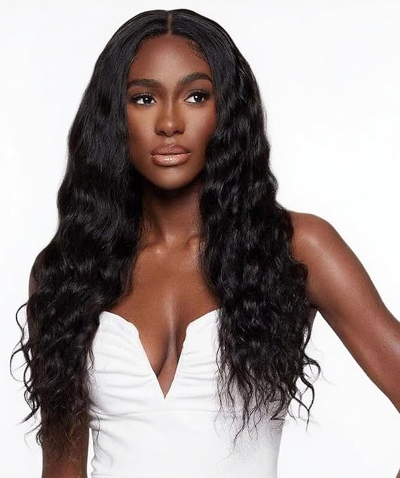 Water Wave Black V Part Curly Wig Loose Wavy Wig Upgrade U Part Synthetic Wigs for Black Women Full Head Clip In Hair Glueless Hair Replacement Synthetic Wigs (Black, 22 Inch)