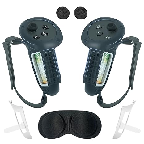 Upgraded VR Controller Grips Compatible with Oculus Quest 3 Accessories, with Battery Opening and Knuckle Straps Protector, Lens Cover - Black