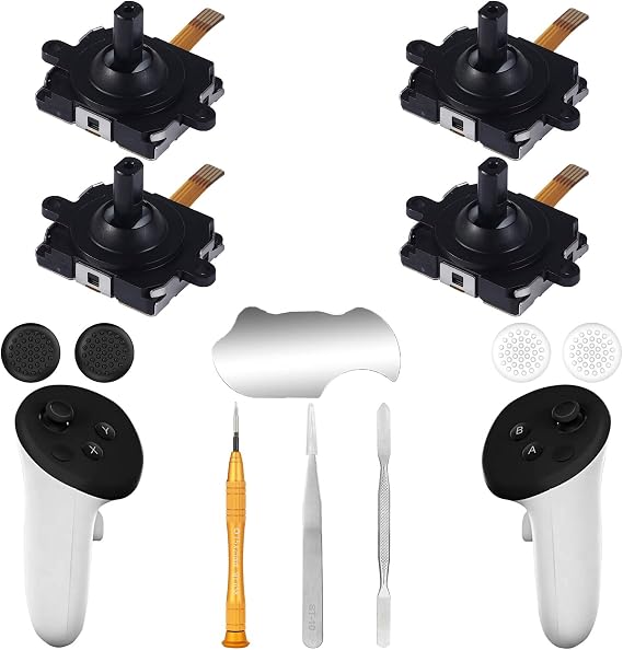 4 Pack Joystick Replacement Kit for Meta Quest 3 Controller(12 in one), Repair Kit for Oculus Quest 3Controller, Include 4 Joysticks, 4 Thumbstick Grips, T5 Screwdriver, Tweezer, Pry Tool