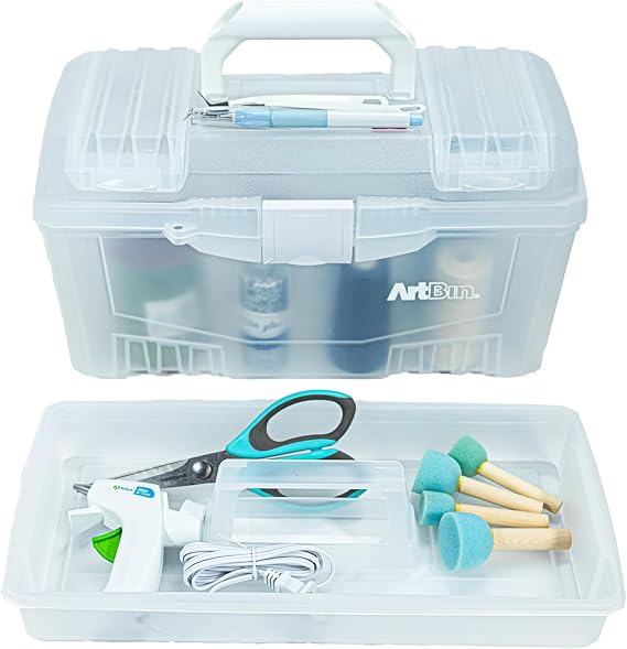 ArtBin 6918AH Twin Top 17 inch Supply Box, Portable Art & Craft Supply Organizer with Handle, [1] Plastic Storage Case, Translucent