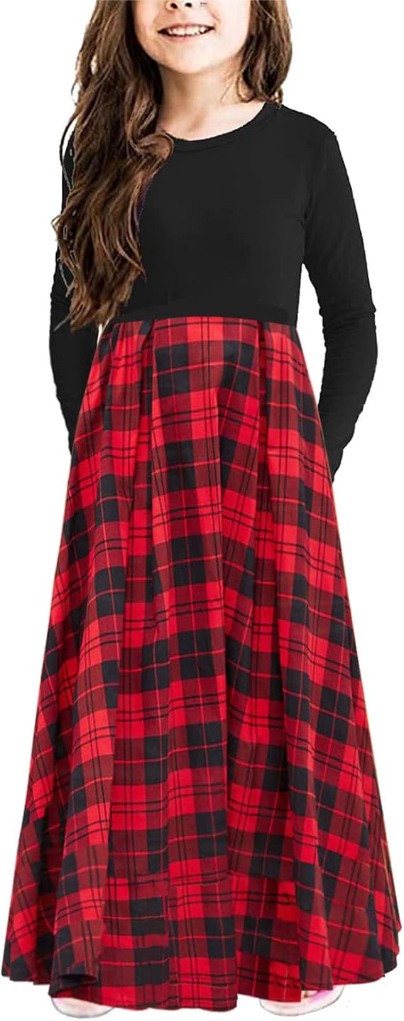 KYMIDY Girls Buffalo Plaid Long Sleeve Maxi Christmas Dresses 6-14 Years