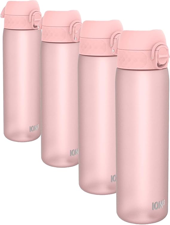 Ion8 500ml Water Bottle, BPA Free, Leakproof, Dishwasher Safe, Easy Open, Secure Lock, Clear Drinks Bottle for Boys & Girls, Small Gym Sports Drinking Water Bottle 500ml, Pastel Pink (Pack of 4)