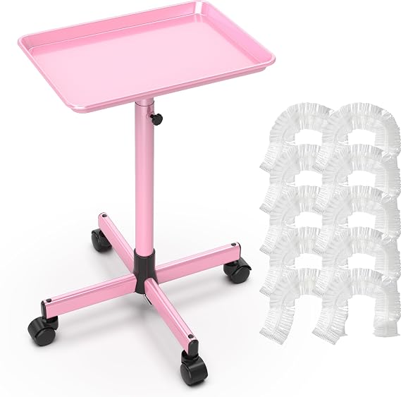 TASALON Rolling Salon Service Cart with Tray Top, Height Adjustable, Aluminum Rolling Tray Trolley for Salon Essentials, Adjustable Heightfor Hairstylist Tray 10 PCS Disposable Salon Tray Cover,Pink