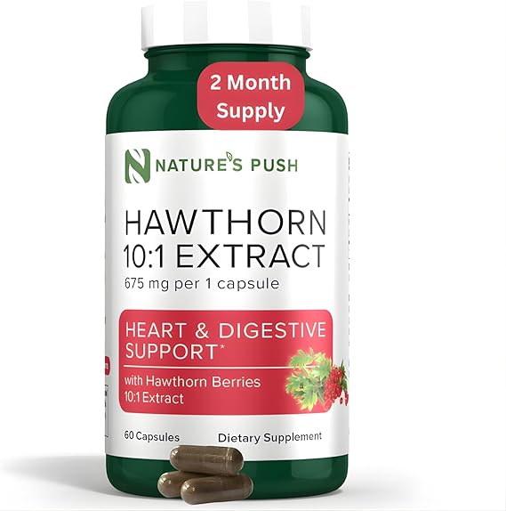 Nature's Push Super Potent Hawthorn Berry Supplement 10:1 Extract 675mg Capsules for Digestion Heart Health, Glycemic Support-Extra Strength Non-GMO Gluten Free Vegan GMP USA (60 Count (Pack of 1))