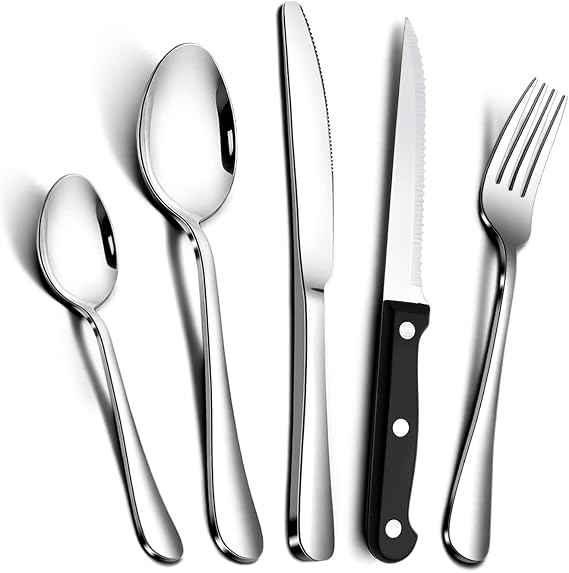 Silver 30-Piece Stainless-Steel Cutlery Set with Steak Knives Service for 6, Flatware Set for Home Restaurant, Tableware Dinnerware Knife Fork Spoon, 24 pcs + 6 pcs