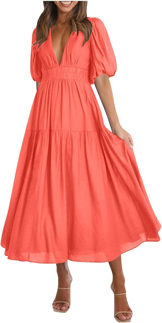 Womens Summer Deep V Neck Puff Short Sleeve Tiered Dress Elastic High Waist Flowy A-Line Midi Dresses Fashion Clothes