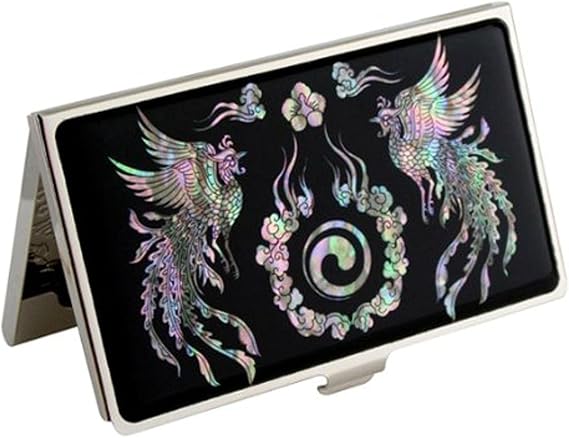 Antique Alive Mother of Pearl Design RFID Blocking Protection Business Card Case, Credit Card Holder, Metal Name Card Case, Engraved Slim Purse Pocket Cash Money Wallet (Phoenix Black)