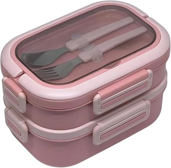 Vagonlife Bento 1650ml Lunchbox 2 Katlı 3 Bölmeli Paslanmaz Çelik Sefer Tası Yemek Kutusu (Pembe)