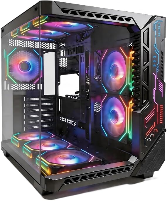 SZSKYING Mid-Tower Gaming ATX PC Case, 9 ARGB Fans with Remote, Tempered Glass, 360mm Radiator, Type-C, Black.