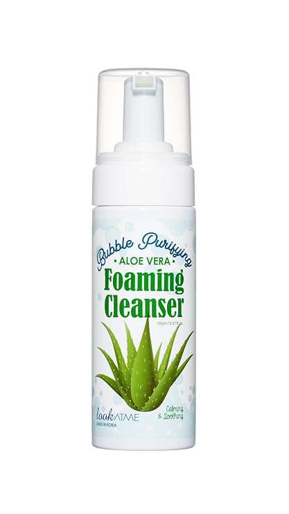 LOOKATME Korean Face Wash for Sensitive Skin - Water Based Bubble Skincare Cleanser - K Beauty Natural Acne Foaming Cleaner - Hydrating Skin Care Cleansing Foam with Low pH - Aloe Vera