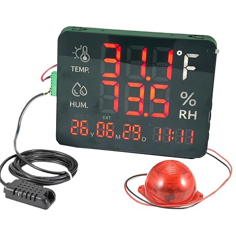 Large Display Thermometer with Alarm Loud Big Temperature Max Min to Monitor High and Low Temperature Humidity Gauge Monitor Alert, Thermometer Hygrometer Warning with Time & Date