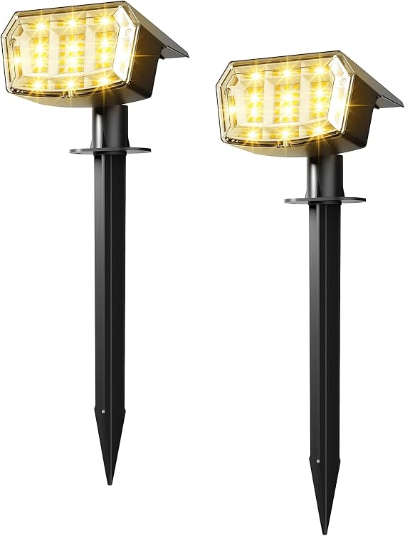 Solar Spot Lights Outdoor Garden, 63 LED Solar Powered SpotLights, 3 Modes, IP65 Waterproof Garden UpLighters for Yard Pathway Patio Driveway (2 Pack,Warm White) [Energy Class A++]
