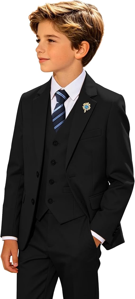 Wehilion Boys 4 Piece Formal Suit Slim Fit Tuxedo for Kids | Wedding Ring Bearer Outfit Tuxedo, Adjustable Waist, Toddler Boy Suit Set, Dress Clothes for Homecoming Graduation Birthday