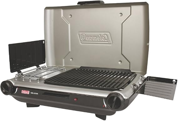 Coleman Tabletop 2-in-1 Grill & Stove with 2 Adjustable Burners, Propane Grill/Stove with Push-Button Starter, Wind Guards, Grease Tray, 20,000 BTUs of Power for Camping, Tailgating, More