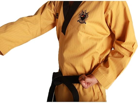 Mooto Men's Wtf Taebek Poomsae Uniform High Dan Dobok Kukkiwon Taekwondo 160 (150cm~160cm) (4.92ft~5.24ft) Yellow and dark navy pant