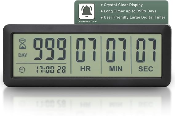 Large LCD Digital Countdown Timer - Up to 999 Days Big Display Count Down Clock for Retirement, Wedding, Birthday, Holiday & All Events (Black)