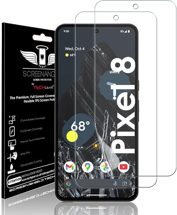 TECHGEAR [2 Pack Screen Protector fits Google Pixel 8 [Screen Angel Edition] [In-Display FingerID Support] [Case Friendly] [Bubble Free] [FULL Screen Coverage] HD Clear Flexible TPU Film