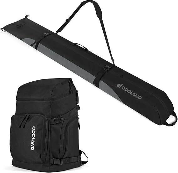 Odoland Ski Bag and Boot Bag Combo, Padded Ski Bags for Air Travel, Snow Ski bags Fit Ski Up to 200cm, Waterproof Double Bag for Storage, Transport Ski Gear, Black & Grey