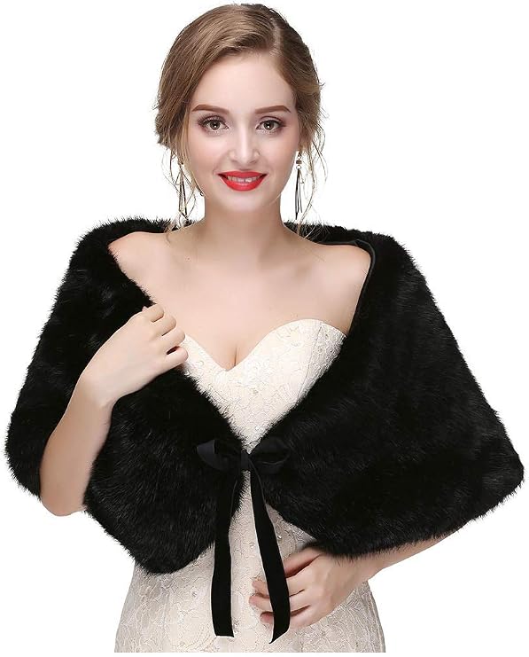 Olbye Women's Faux Fur Wraps Wedding Fur Shawls Sleeveless 1920 Faux Fur Stole for Women and Girls Fur Capelet Mink Shawl