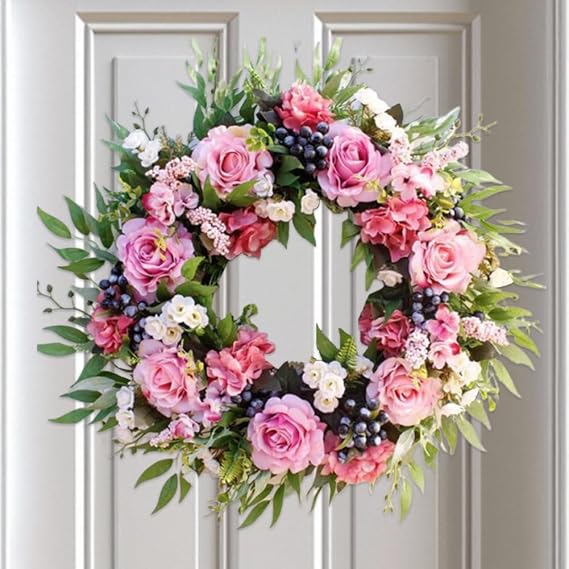 Pink Rose Wreath for Front Door,45cm Artificial Flower Wreath with Berries,Wild Flowers,Daisy and Green Leaves,Colorful Summer Floral Wreaths for Wall Window Fireplace,Wedding Party Decor