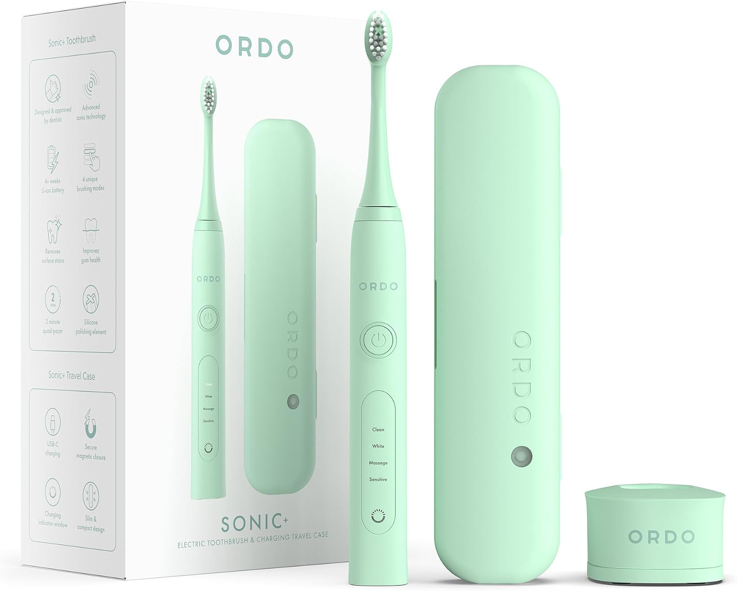 Ordo Sonic& Charging Travel Case Bundle - Electric Toothbrush Advanced Smart Tech with 4 Brushing Modes Fast Rechargeable Battery & Silicone-Polishing Element USB Charger for Adults - Mint Green