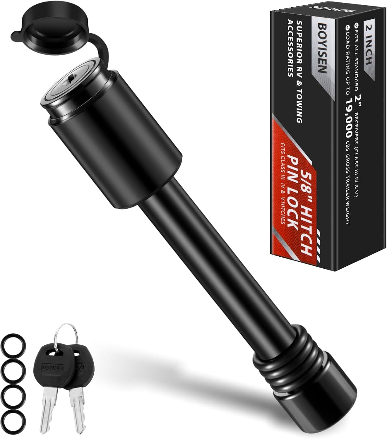 BOYISEN Trailer Hitch Pin Lock - 58 Locking Receiver Hitch Pin for Class IIIIVV 2&2.5 Hitches, Hitch Lock Pin with O-Rings for RVs Trailer Truck, Weatherproof Anti-Theft Pack of 1