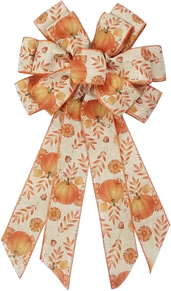 Large Fall Bows for Wreath, Thanksgiving Pumpkin Wreath With Autumn Leaves, Tree Topper Bow, Orange Burlap for Holiday Front Door, Fall Thanksgiving Decorations Supplies