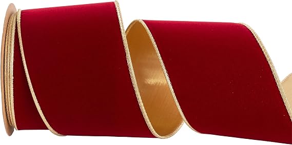Dark Red Velvet Christmas Wired Ribbon 4inch Wide*10Y Red and Gold Double Sided Velvet Ribbon for Christmas Tree Wreaths Gift Wrapping Bows Gralands Home Decor Crafts (Dark red)
