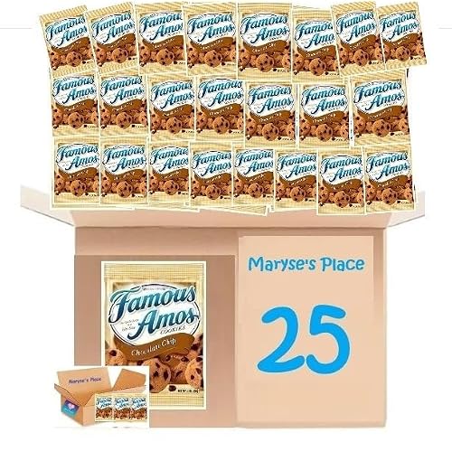 Famous Of Amos Chocolate Chip Cookie Bags, 2oz each, Pack of 25, Individual Wrapped Cookies in Maryses Place Exclusive Packaging- No Trans Fat And Kosher