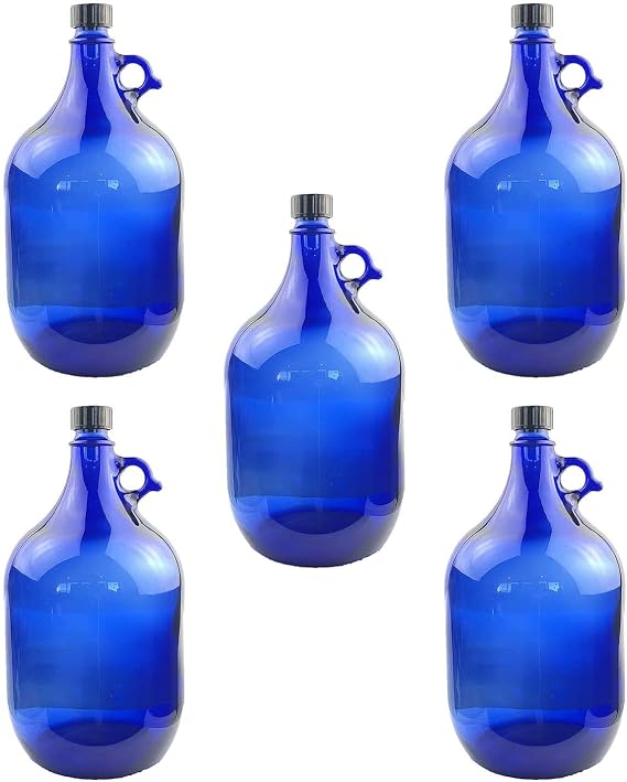 5 x Glass Balloons Blue 5 Litres Blue Glass Handle Bottle with Hand Screw Cap PP35 (Pack of 5)