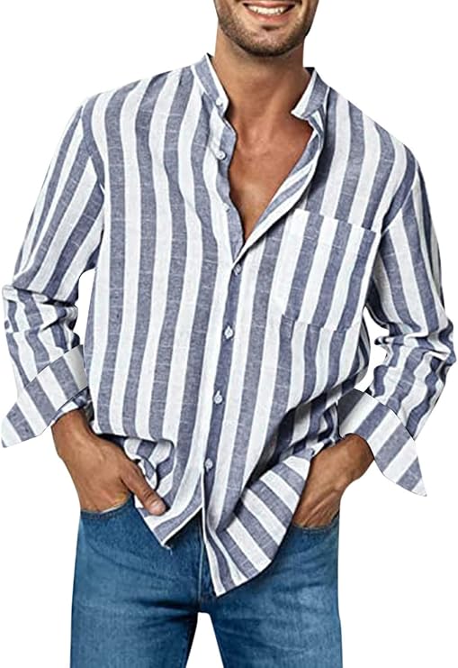 Men's Casual Stylish Cotton Striped Long Sleeve Linen Shirts Band Collar Button Down Dress Shirt with Pocket Grey