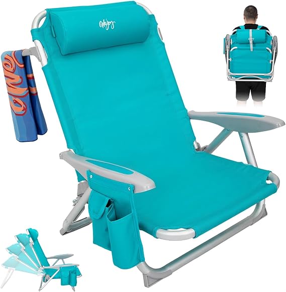 #WEJOY 4-Position Adjustable Beach Chair for Adults, Folding Low Camping Chairs Aluminum Lightweight & Portable, High Back Pillow Pocket Outdoor Reclining Garden Chair