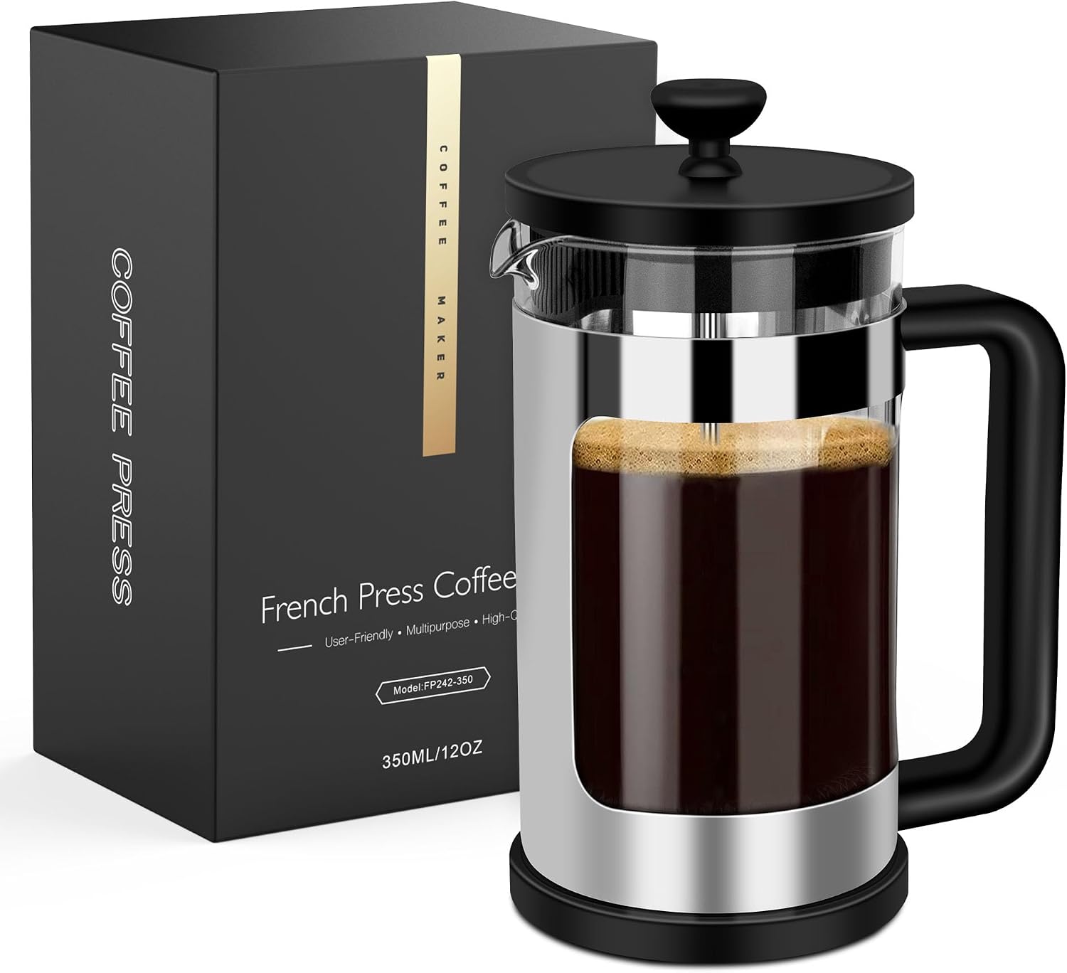 RAINBEAN 2 Cups Cafetiere Coffee Press, French Press Coffee Maker, Small Cafetiere with 3 Level Stainless Steel Filter, Heat Resistant Borosilicate Glass, Coffee Brewer Tea Press,0.35 L  12 oz