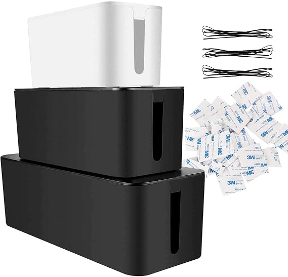 ASelected Cable Management Boxes - Pack of 3 Cable Tidy Box Plastic Wire Organisers - Hide Extension Lead and Electrical Cables - Black & White