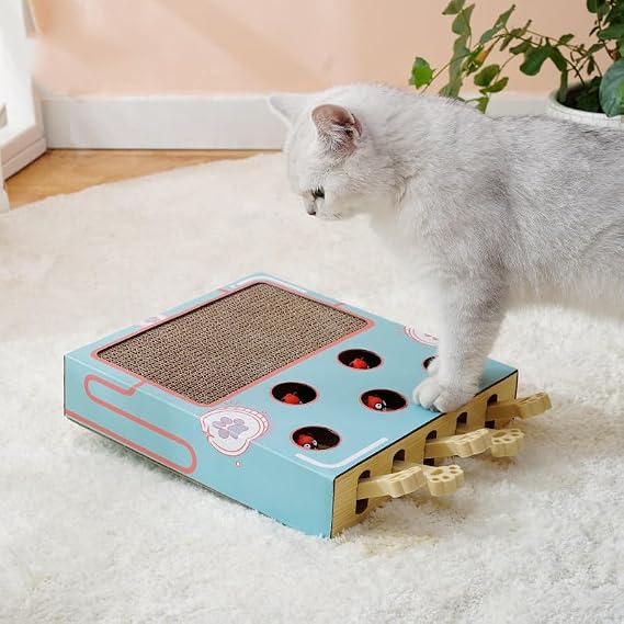 Safe Fun Box Paws Scratcher - Cat Enrichment Toys, Whack a Mole Game, Interactive Box Catch Mice Game for Indoor Cats, All Ages Exercise, Relieve Boredom (Blue)