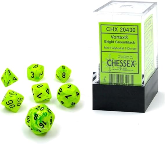 Chessex Dice Set 10mm Vortex Bright Green/Black Plastic Polyhedral Dice Set Dungeons and Dragons D&D DND TTRPG Dice Includes 7 Dice - D4 D6 D8 D10 D12 D20 D%,CHX20430