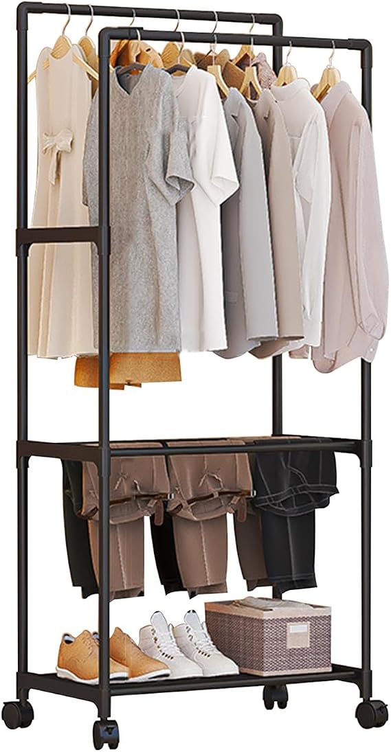 Double Rods Clothes Rack With Wheels Metal Clothing Rack For Hanging Clothes Portable Wardrobe Garment Racks For Bedroom Laundry Living Room(Black)
